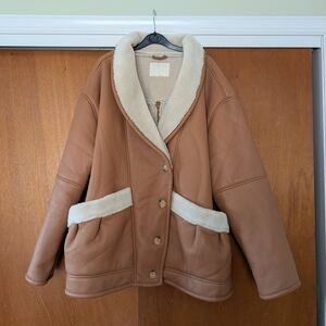 Blank NYC Tan Shearling-Trim Soft Vegan Leather Aviator Jacket 3x NEW